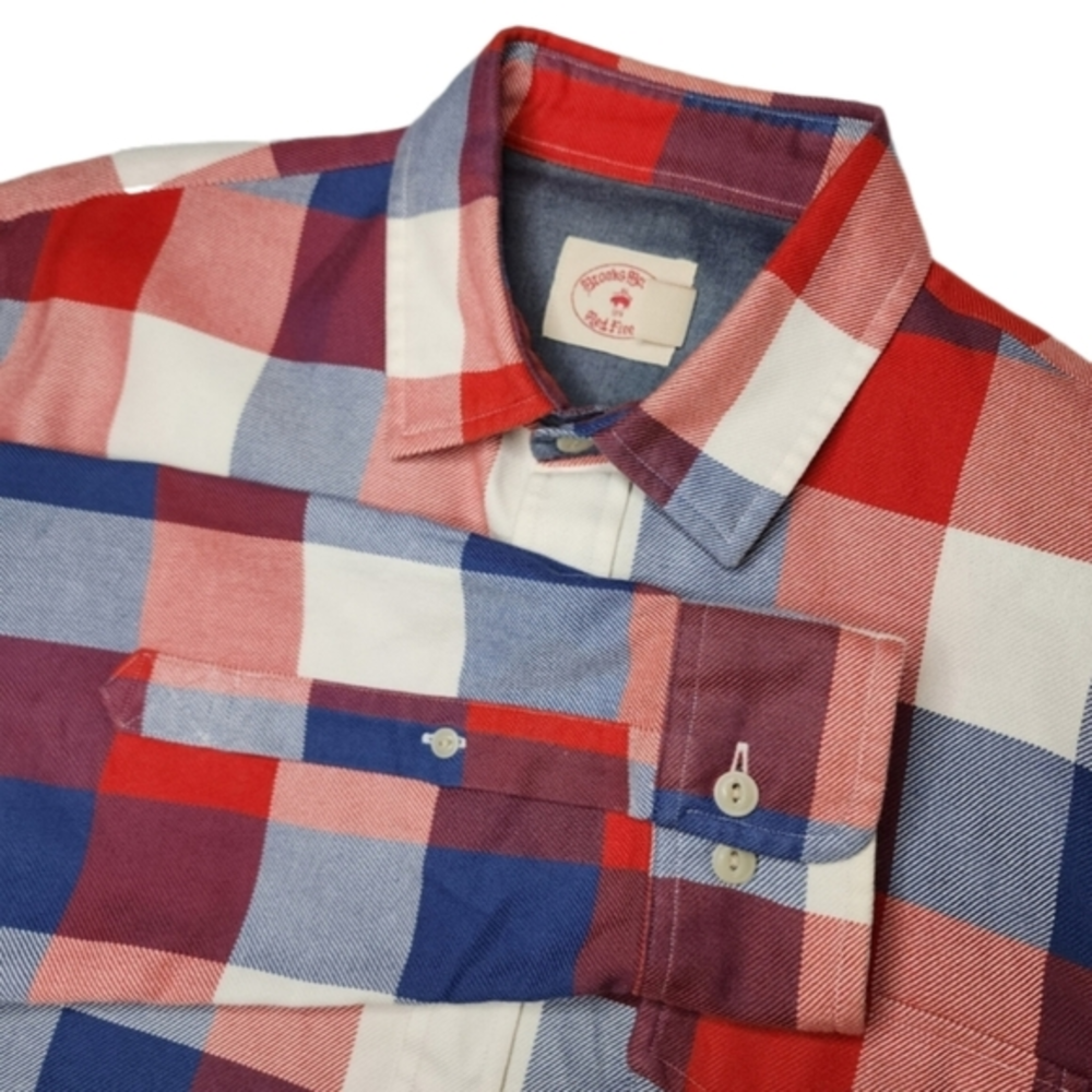 Brooks Brother Red Fleece Men's Medium Long‎ Sleeve Cotton Blue Red Plaid Shirt